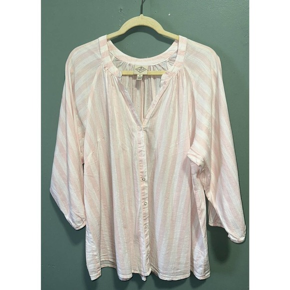 St Johns Bay Women’s Cotton Blend Button Down Top Sz. 1X Pink Stripe V-Neck - Picture 9 of 9